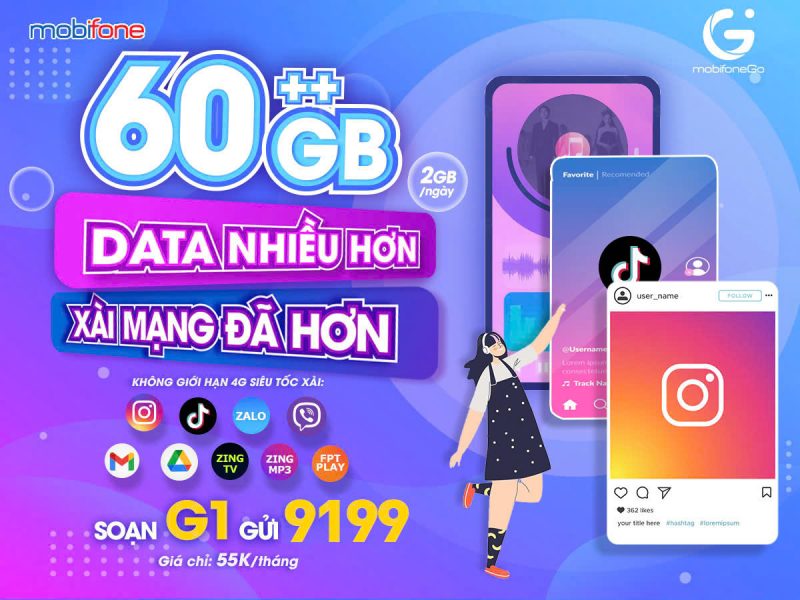 Đăng ký gói cước G1 MobiFone Không Giới Hạn Data Facebook, Instagram 1 Goi G1