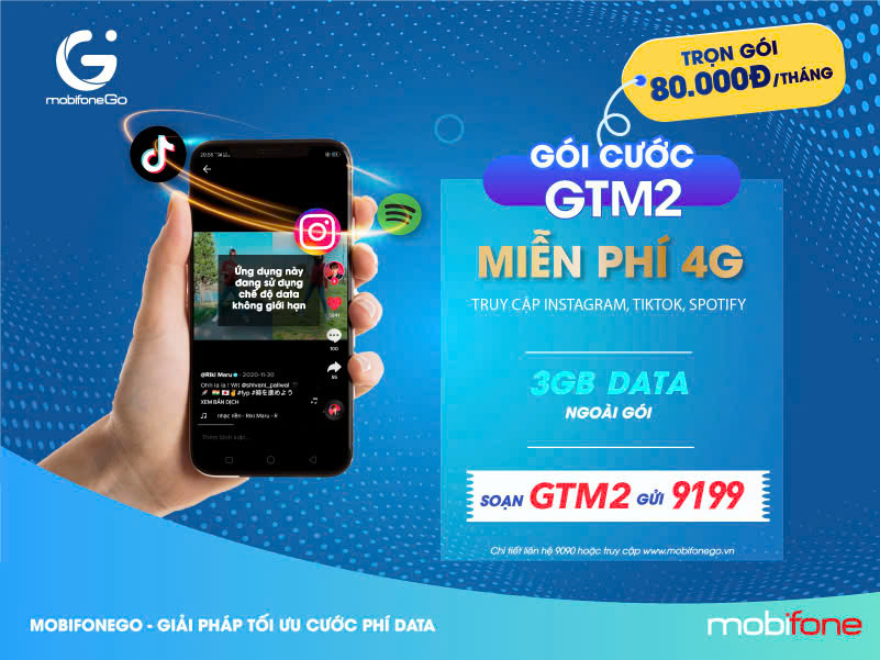Gói cước Giải trí tháng GTM2 MobiFone - Miễn phí data tốc độ cao xài TikTok, Instagram 1 Goi GTM2 MobiFone