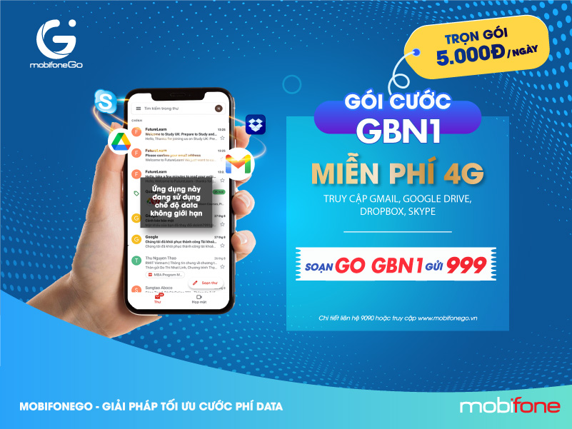 gói GBN1 của MobiFone miễn phí 4G xài Gmail, Google Drive
