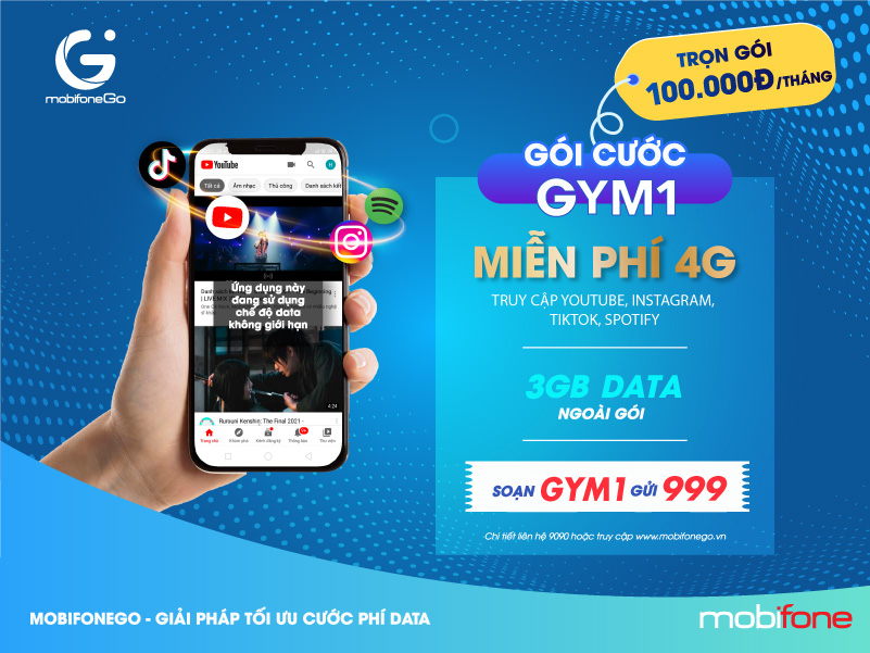 Đăng ký ngay gói GYM1 MobiFone nhận 4G miễn phí xem YouTube 1 tháng