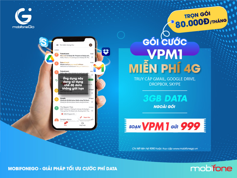 Gói VPM1 MobiFone miễn phi 4G xài Gmail, Google Drive...trong 30 ngày