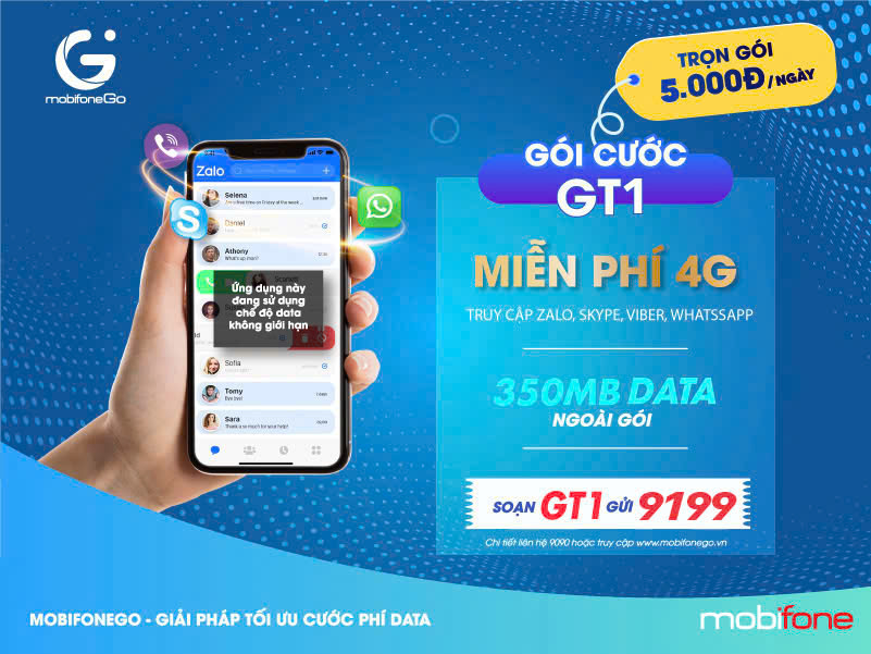 Gói cước Zalo MobiFone GT1 - Chat Thả Ga Chỉ 5K/Ngày 1 gói cước GT1 của MobiFone miễn phí 4G xài Zalo