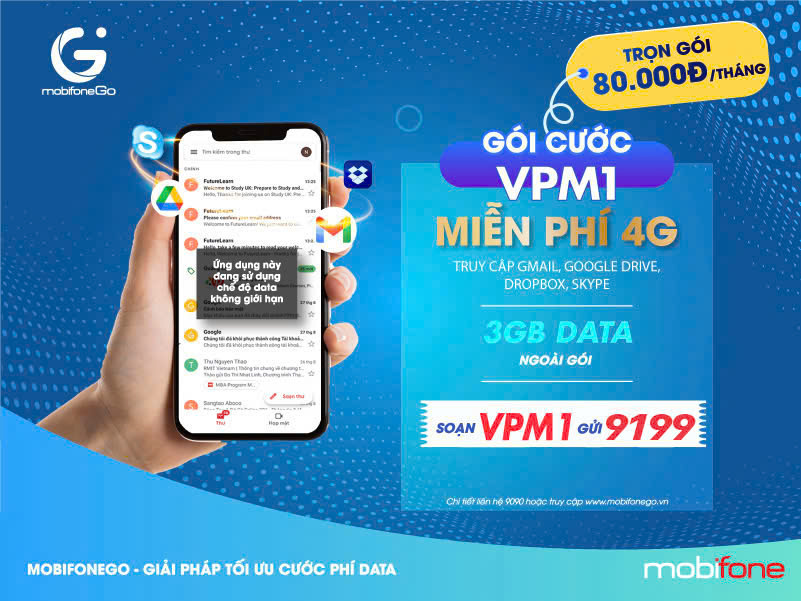 Gói Văn Phòng Tháng VPM1 MobiFone - Miễn Phí Data 4G cho Google Drive, Skype, Gmail 1 Gói VPM1 MobiFone miễn phi 4G xài Gmail, Google Drive...trong 30 ngày